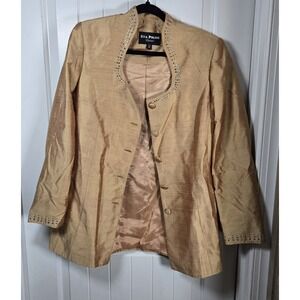 Eva Polini Couture Blazer Womens 12 Gold Button Up Rhinestone Vintage Made USA